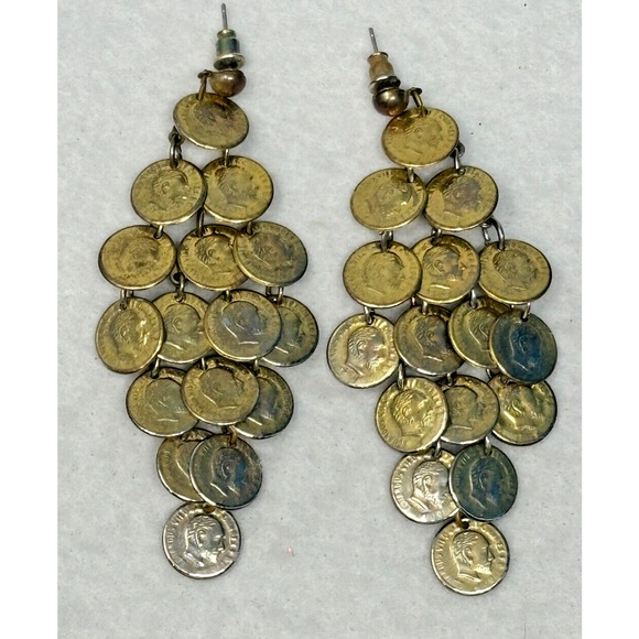 Vintage Coin Chandelier Earrings Gypsy Boho Dangle Gold Tone Cosplay 3" Drop - Picture 1 of 7
